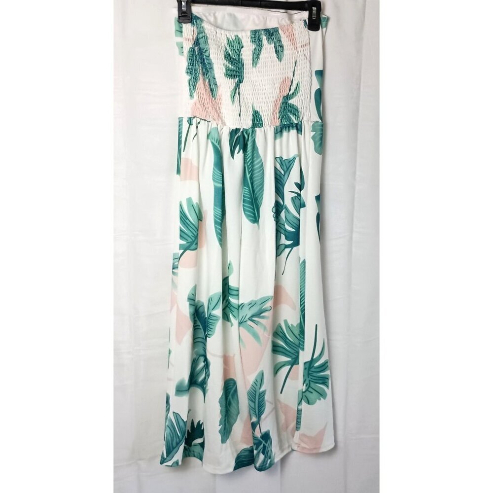 Strapless Leaf Print Jumpsuit M Smocked Back Cropped NWOT Casual Chic - Picture 6 of 8